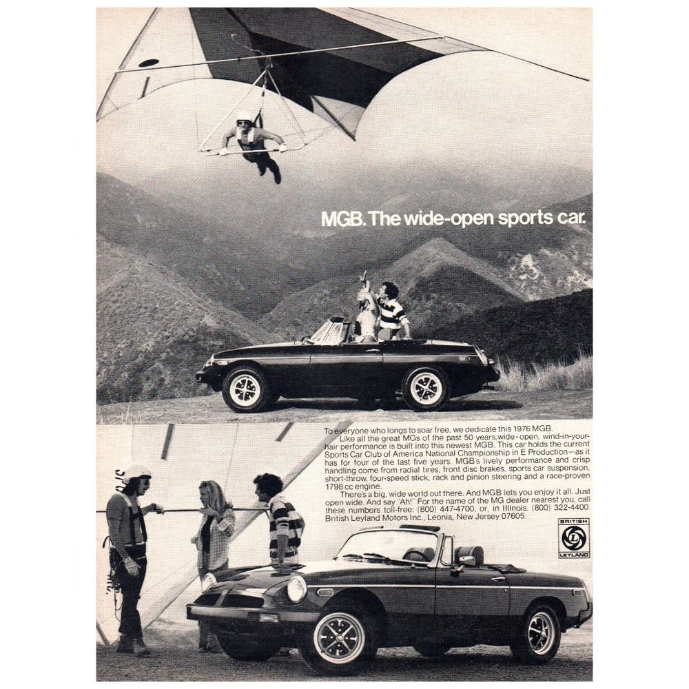 1976 MG MGB Convertible Roadster Vintag Print Ad Hang Glider Gliding Mountains